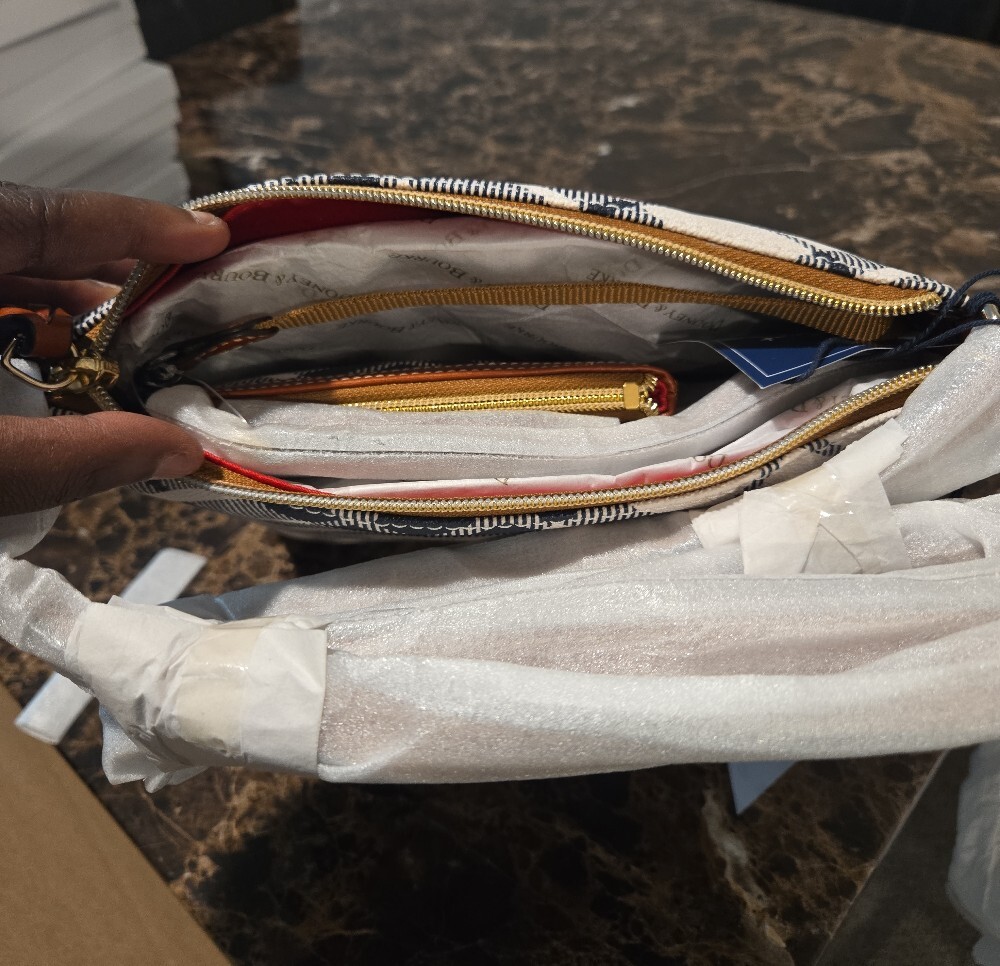 Dooney & Bourke Navy and White Plaid Crossbody with Brown Trim - Picture 3 of 3